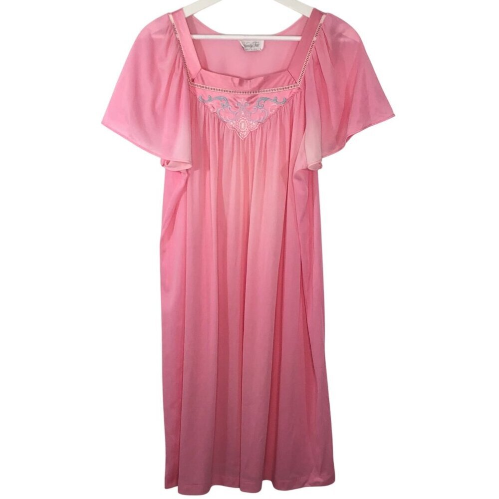 Vintage Vanity Fair Pink Nightgown Embroidered Flutter Sleeves Size Large